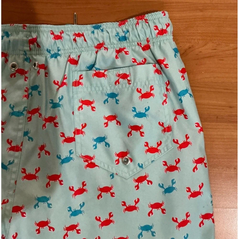 Lands' End‎ Swim Trunks Men Crab Print Aqua Blue Red Lined Drawstring 7.5